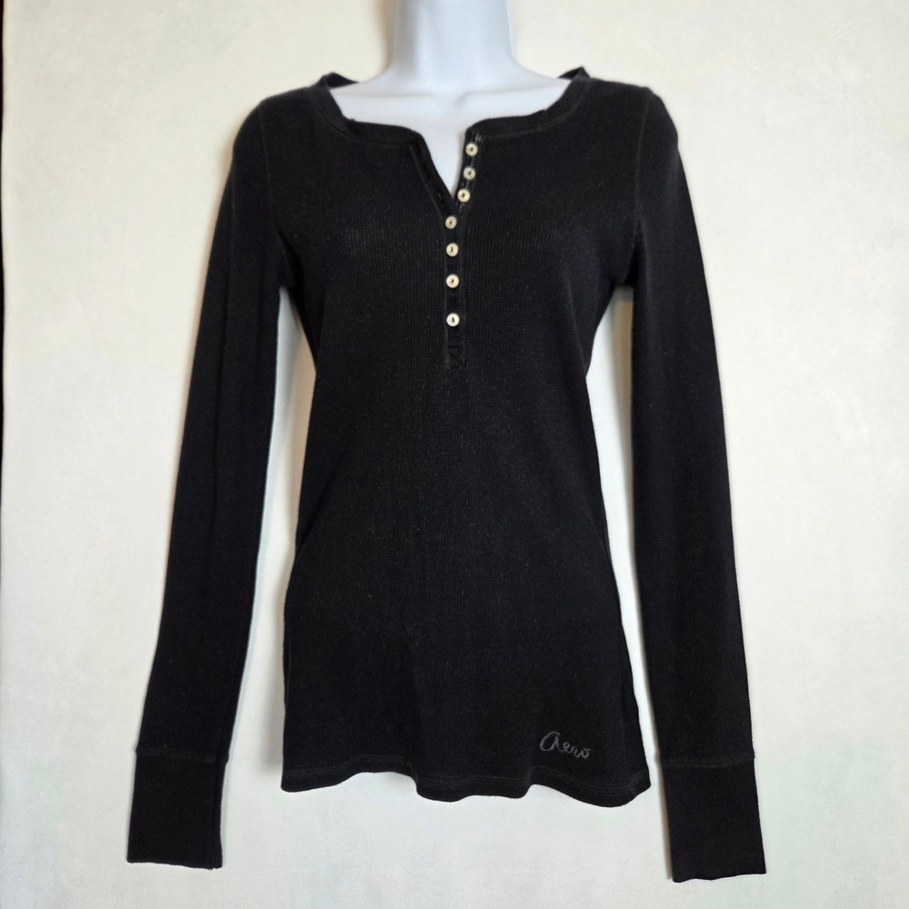 Aeropostale Henley Top Women M Black Sparkle Waffle Knit Bella Swan Y2K Thermal